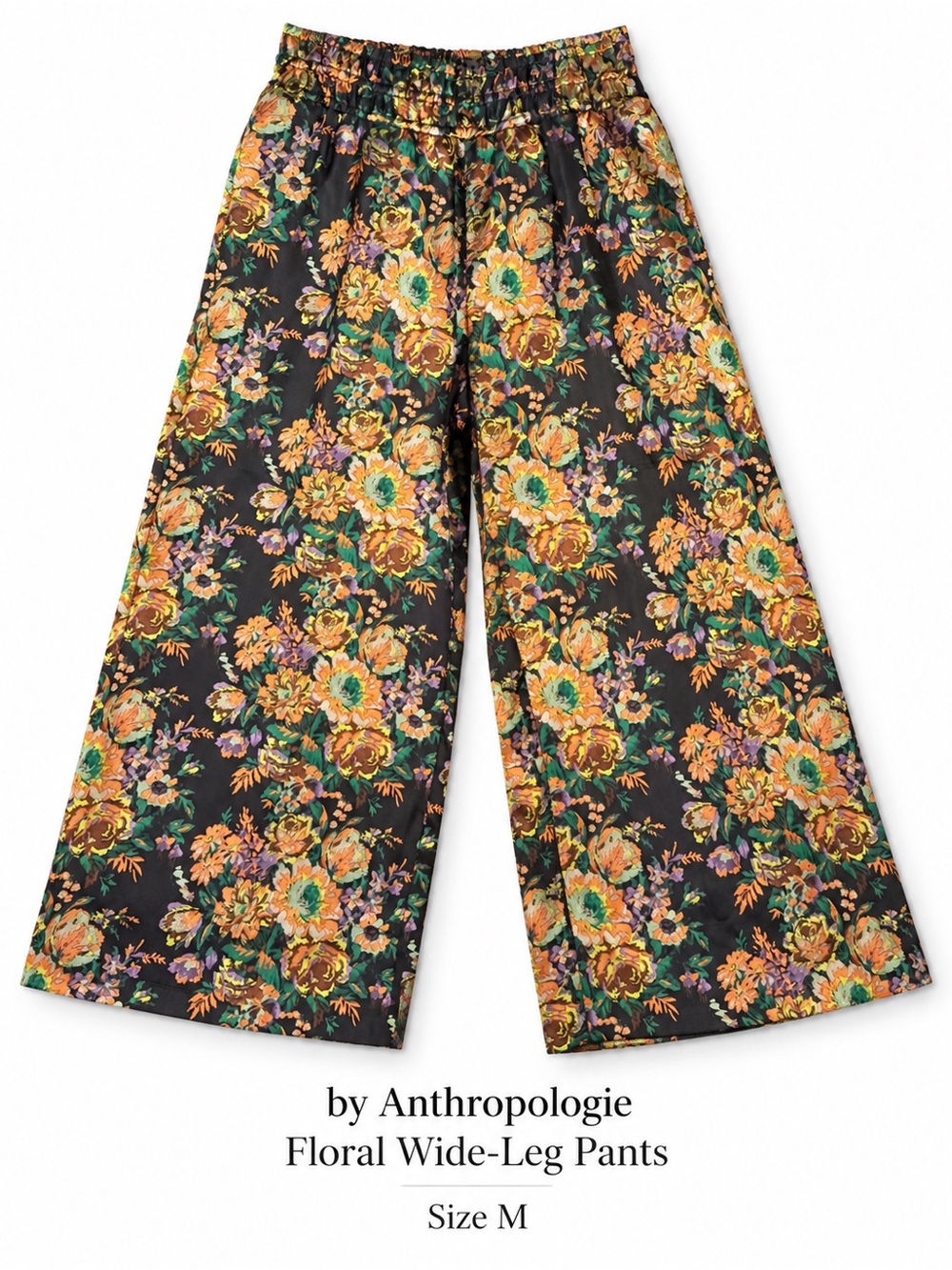 Anthropologie Floral Wide Leg Pants Size M Black Multicolor Pull On